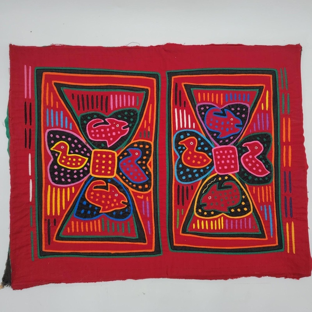 Vtg Mola Textile Panel Guna Panama Double Panal Embroidered Bird Fish Appliqués